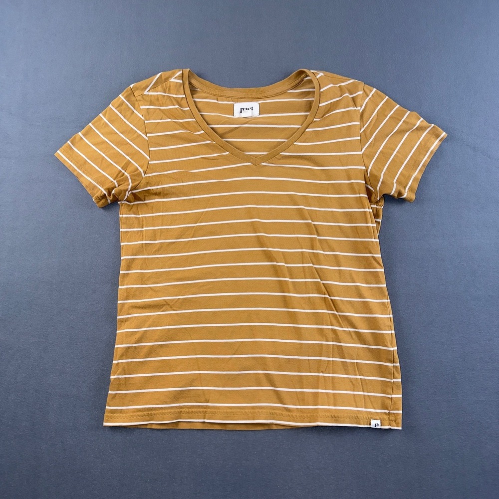 Pact Organic Cotton V-Neck Striped Short Sleeve T-Shirt Mustard Yellow XS